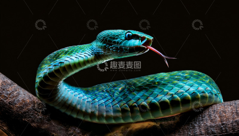 高清大图下载【趣麦麦图】绿蓝蛇树枝上吐信的神态