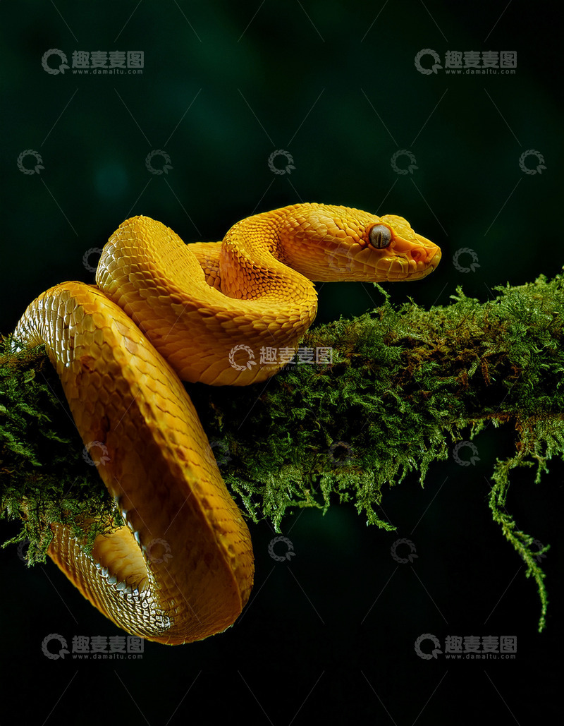 高清大图下载【趣麦麦图】金黄蛇在苔藓枝上的盘绕