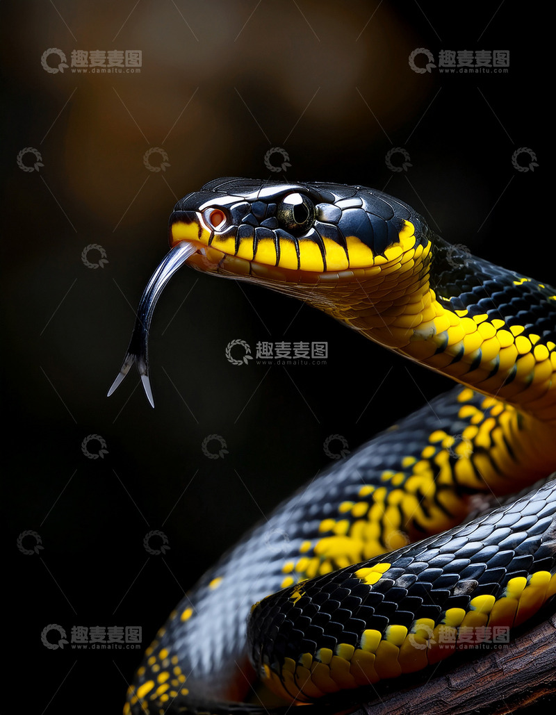 高清大图下载【趣麦麦图】黑黄相间蛇的吐信特写