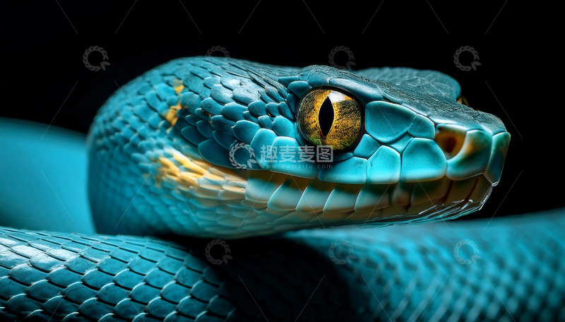 高清大图下载【趣麦麦图】蓝蛇头部特写与亮眼金瞳