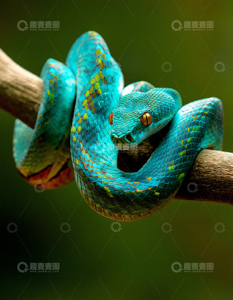 高清大图下载【趣麦麦图】蓝绿蛇树枝上的休憩造型