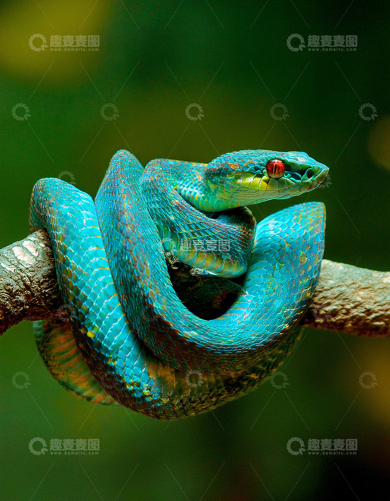 高清大图下载【趣麦麦图】蓝绿蛇树枝上的盘绕姿态