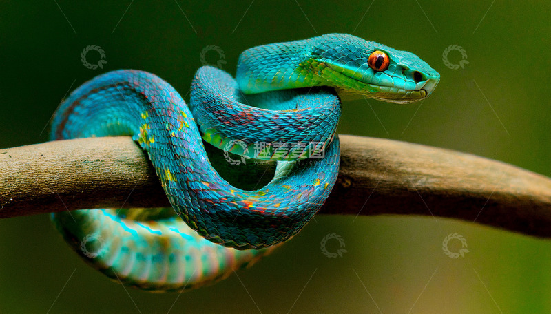 高清大图下载【趣麦麦图】蓝绿蛇树枝盘绕的多彩身姿
