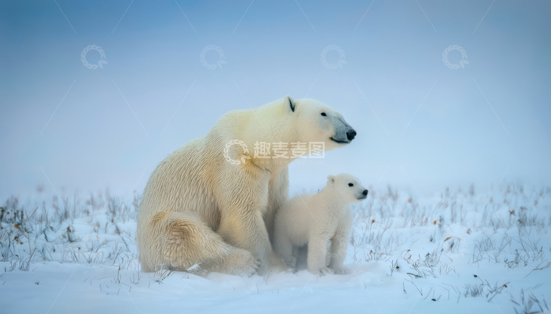 高清大图下载【趣麦麦图】母北极熊与幼崽雪地休憩