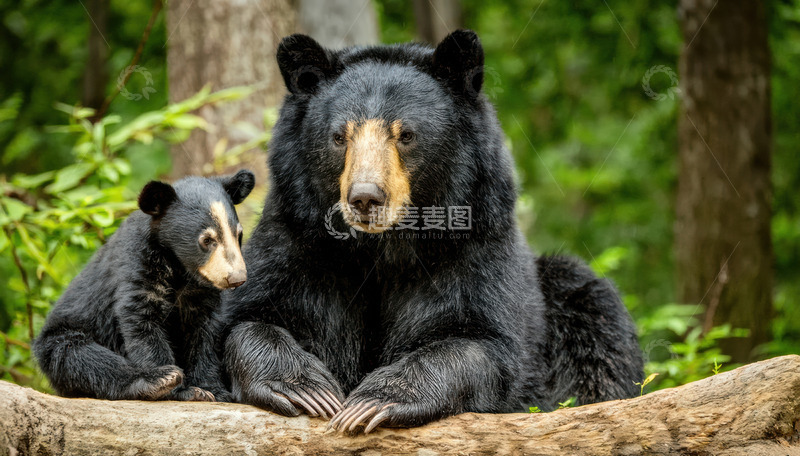 高清大图下载【趣麦麦图】黑熊母子木上温馨相伴