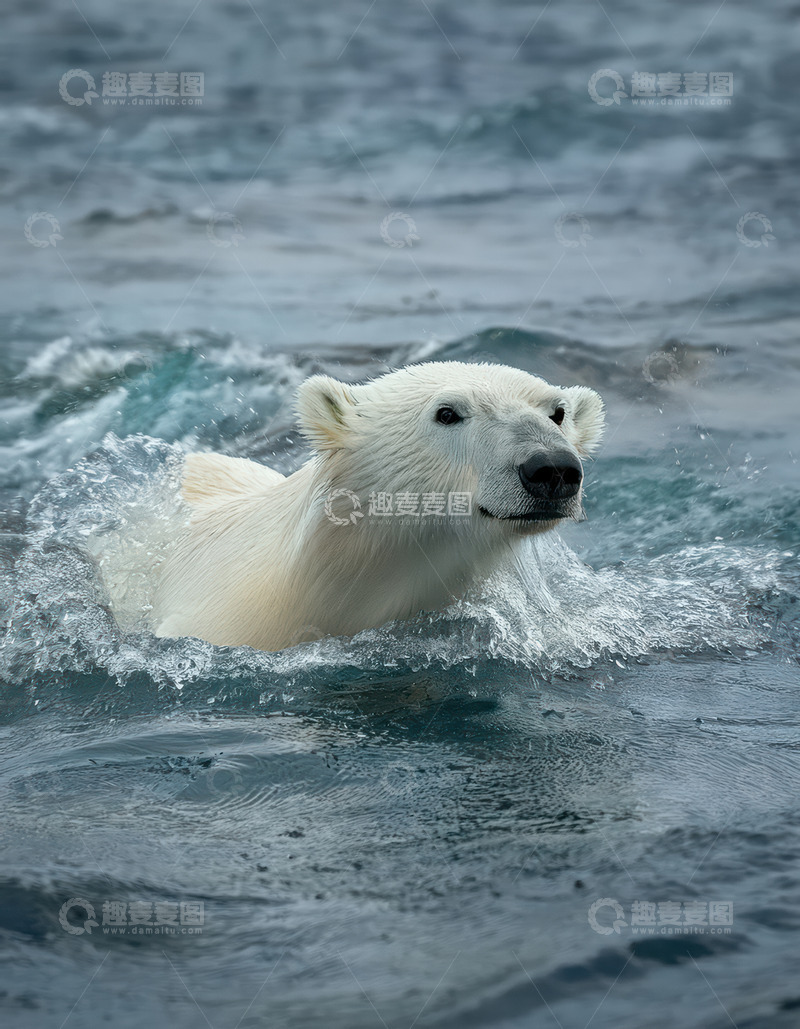 高清大图下载【趣麦麦图】北极熊海中奋力游弋