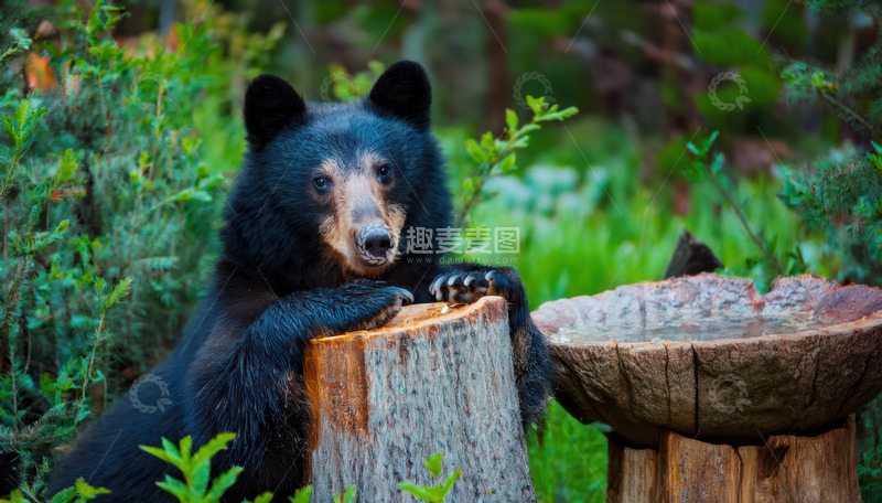 高清大图下载【趣麦麦图】黑熊靠树桩休憩沉思