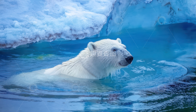 高清大图下载【趣麦麦图】北极熊冰水中悠然游动