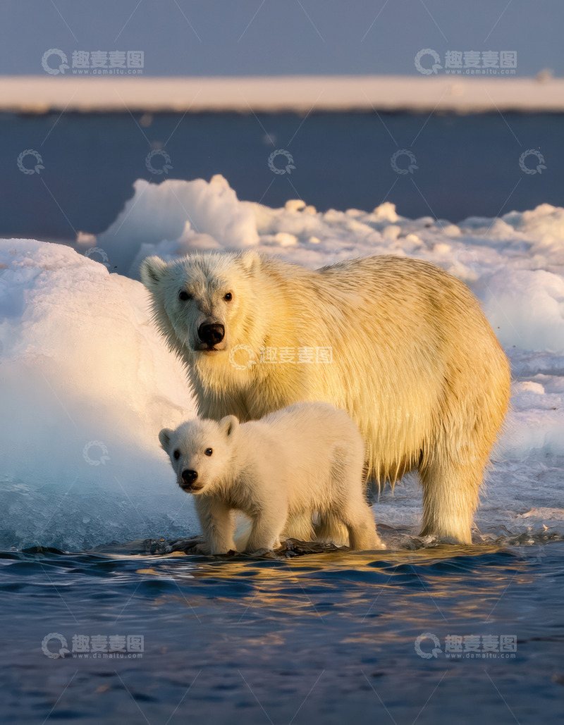 高清大图下载【趣麦麦图】母幼北极熊冰海相依而立