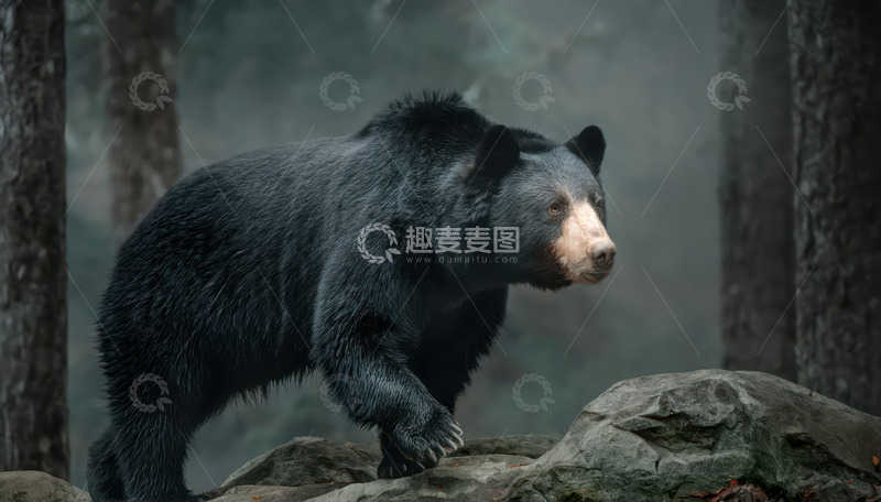 高清大图下载【趣麦麦图】黑熊雨中岩石上前行