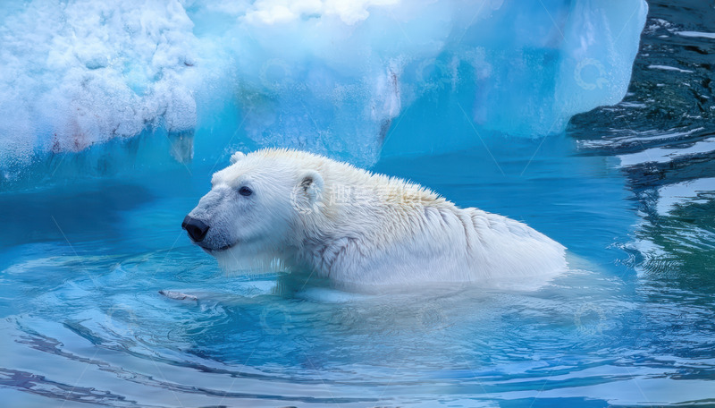高清大图下载【趣麦麦图】北极熊冰海之中浮游前行