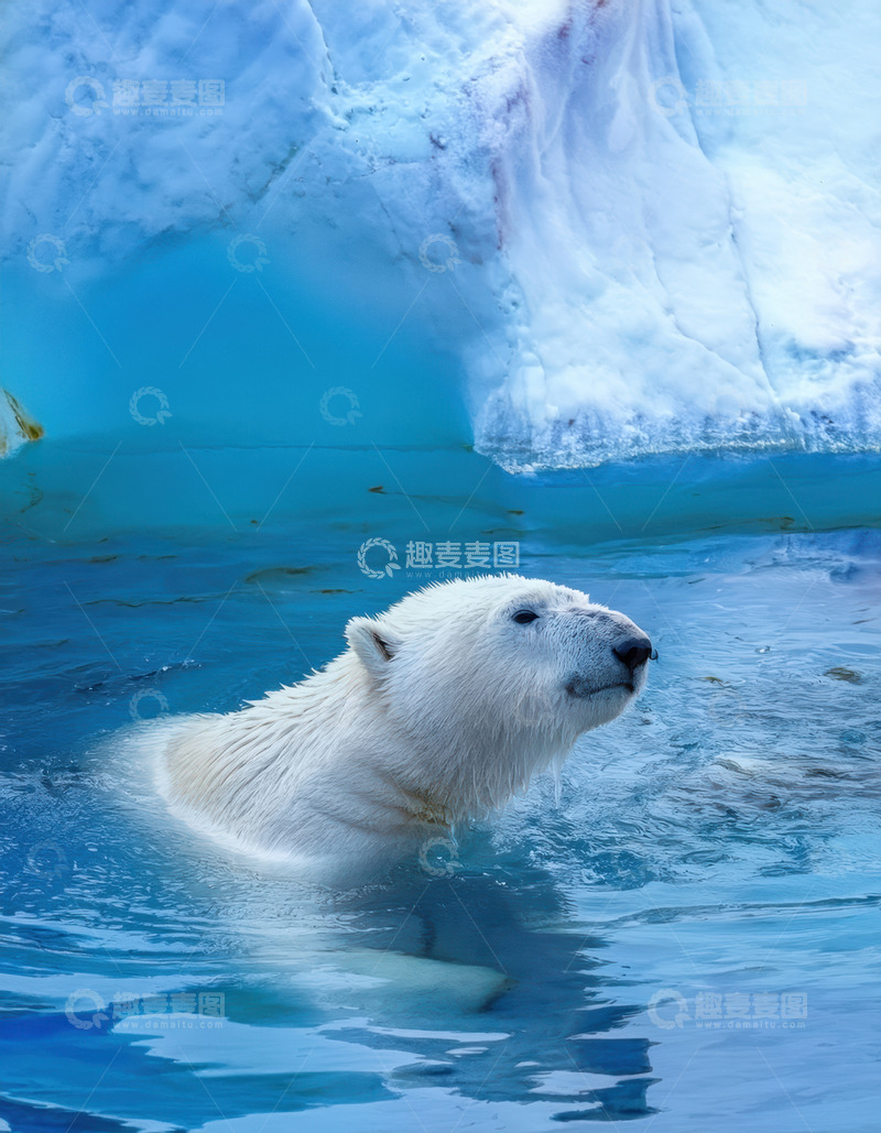 高清大图下载【趣麦麦图】北极熊冰海抬头游动瞬间