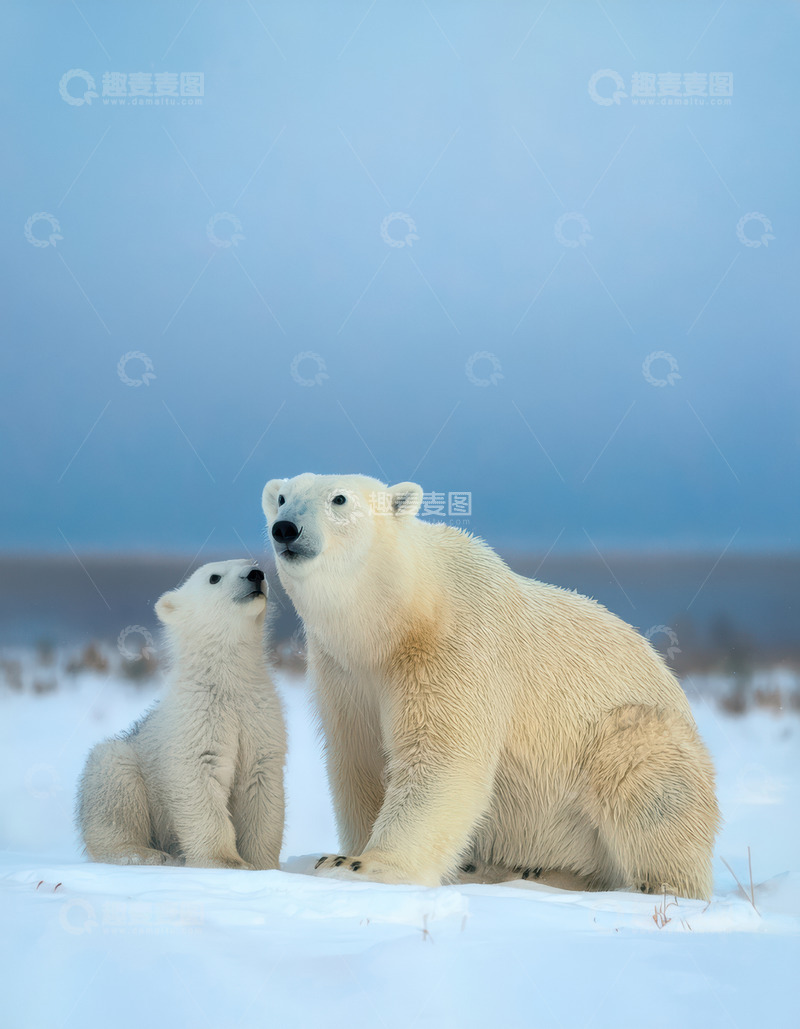 高清大图下载【趣麦麦图】母幼北极熊雪地亲密互动