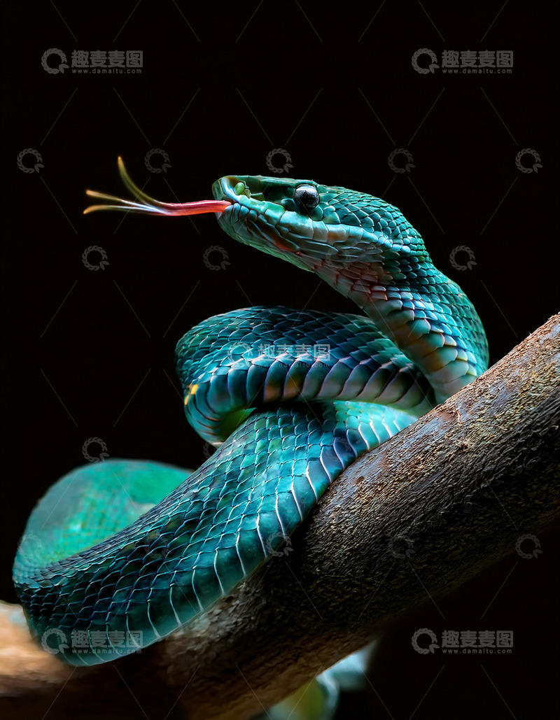 高清大图下载【趣麦麦图】青绿色蛇树枝吐信特写