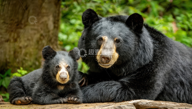 高清大图下载【趣麦麦图】黑熊母子静卧树干相依