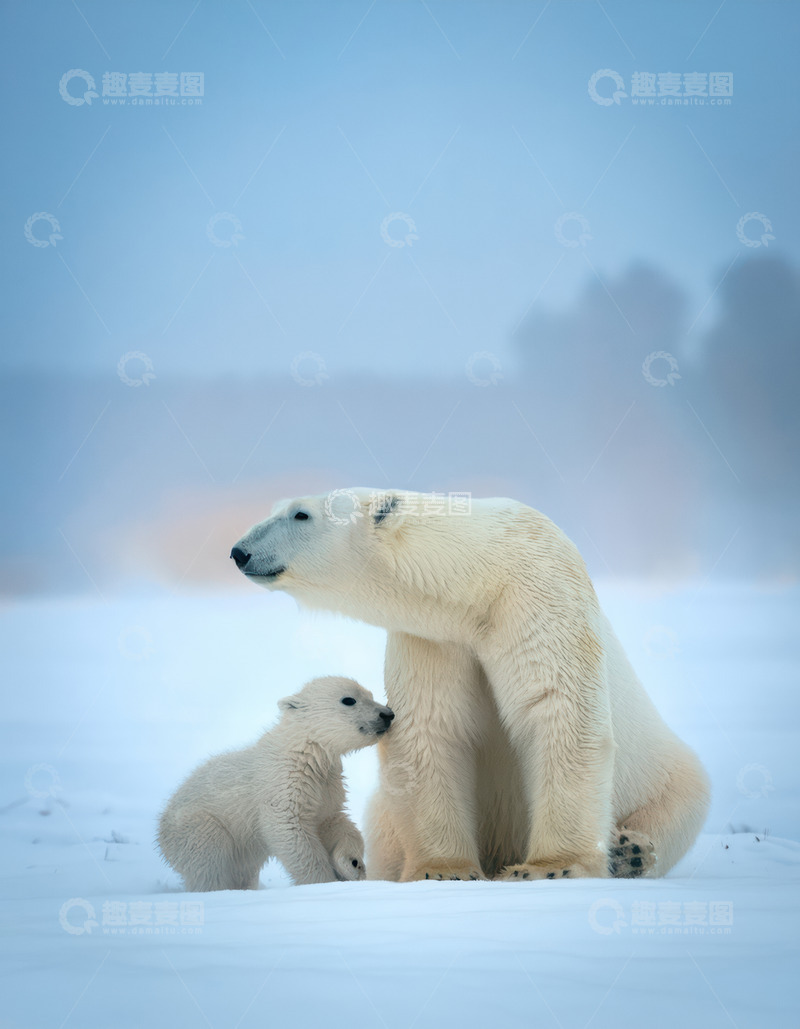 高清大图下载【趣麦麦图】母幼北极熊雪地温馨依偎