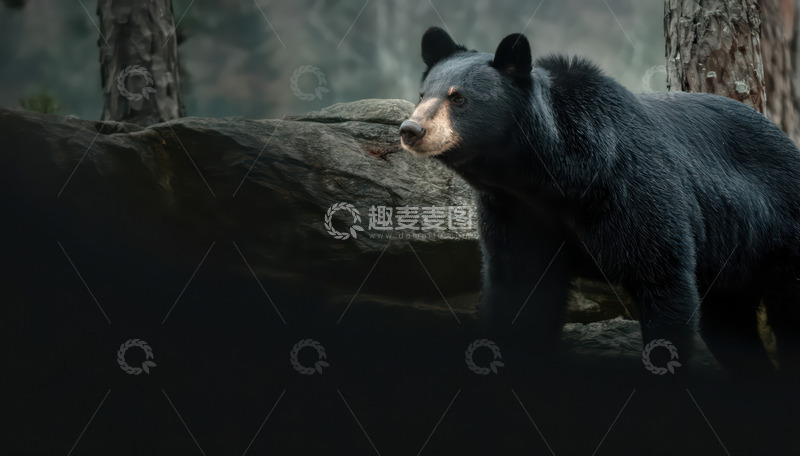 高清大图下载【趣麦麦图】黑熊林间岩石旁踱步