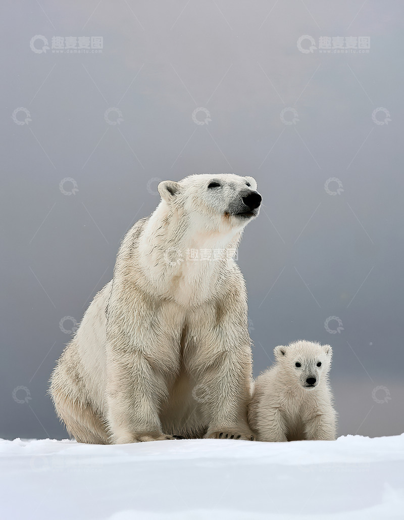 高清大图下载【趣麦麦图】母幼北极熊雪地并肩守望