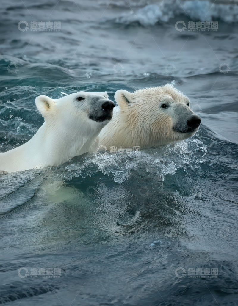 高清大图下载【趣麦麦图】两只北极熊海中并肩游泳