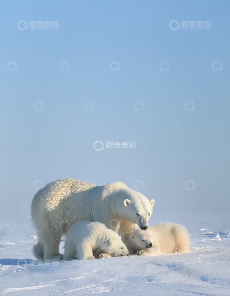 高清大图下载【趣麦麦图】母熊与幼崽雪地温馨依偎