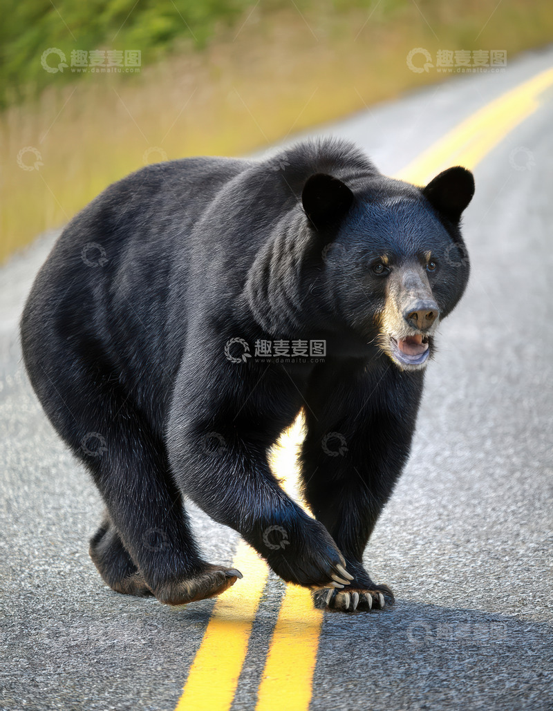 高清大图下载【趣麦麦图】黑熊公路上快速穿行