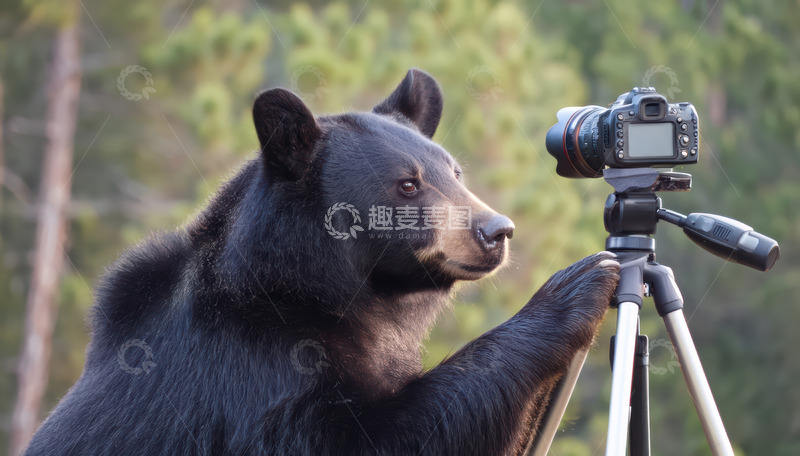高清大图下载【趣麦麦图】黑熊新奇操作相机画面