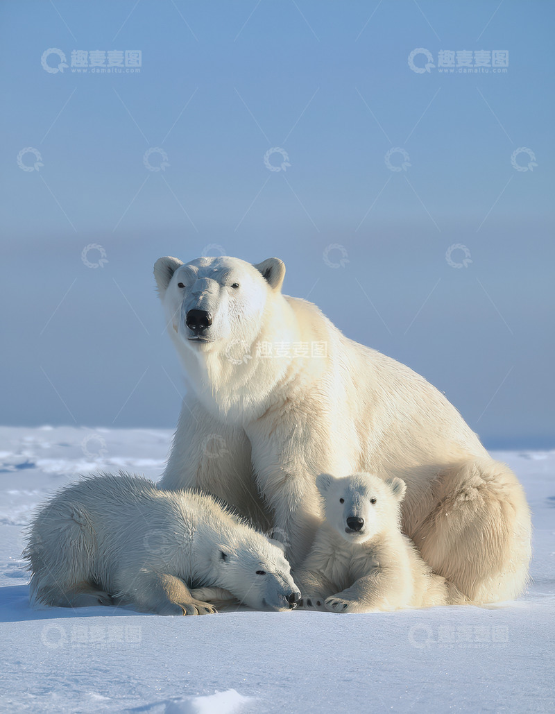 高清大图下载【趣麦麦图】母幼北极熊雪地休憩相伴
