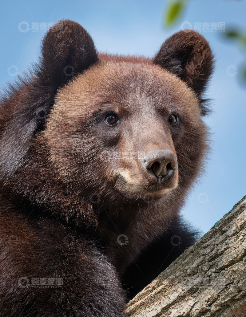 高清大图下载【趣麦麦图】棕熊树干旁的可爱神情
