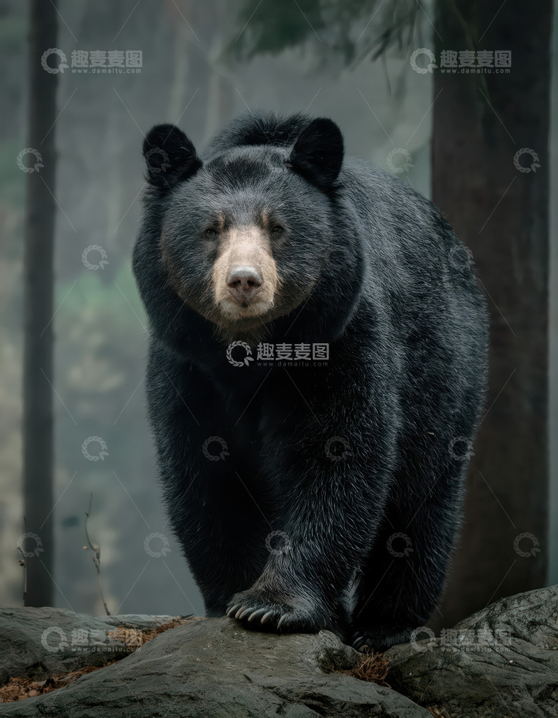 高清大图下载【趣麦麦图】黑熊雨中岩石上伫立