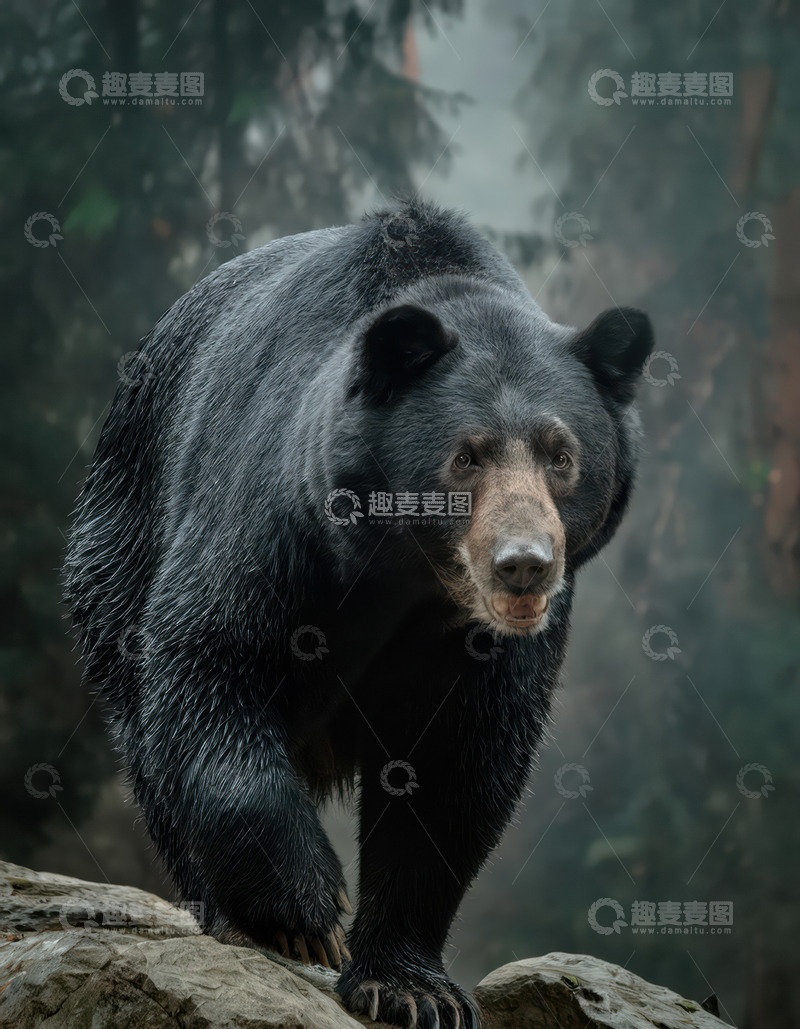 高清大图下载【趣麦麦图】黑熊雨中岩石稳健前行