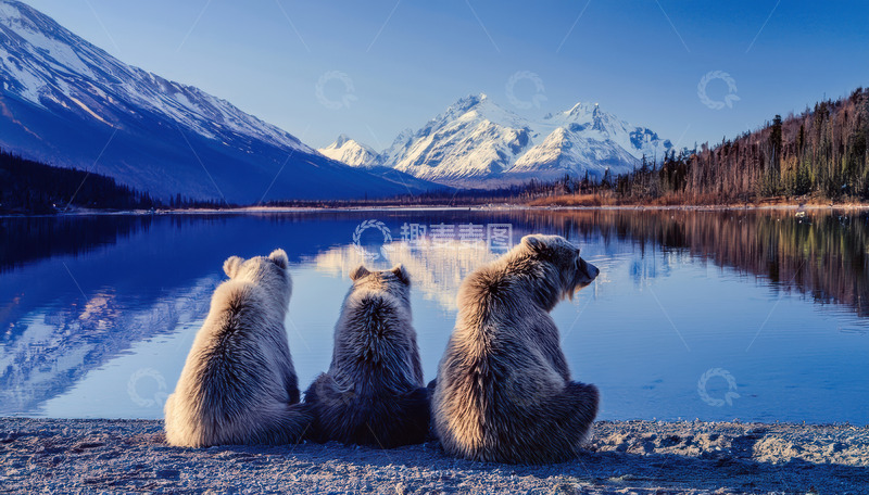 高清大图下载【趣麦麦图】三只熊湖畔共赏湖光山色