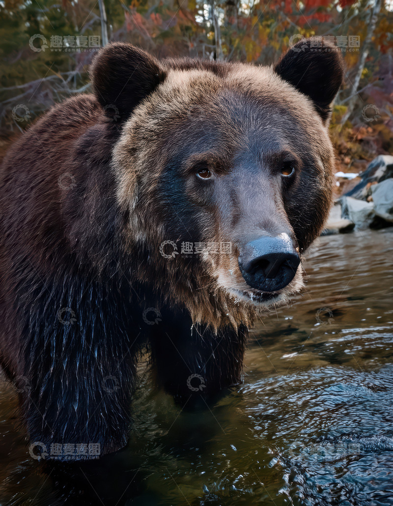 高清大图下载【趣麦麦图】棕熊河中站立凝视神情