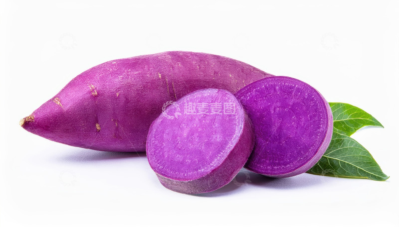 高清大图下载【趣麦麦图】带绿叶切片展示的紫薯