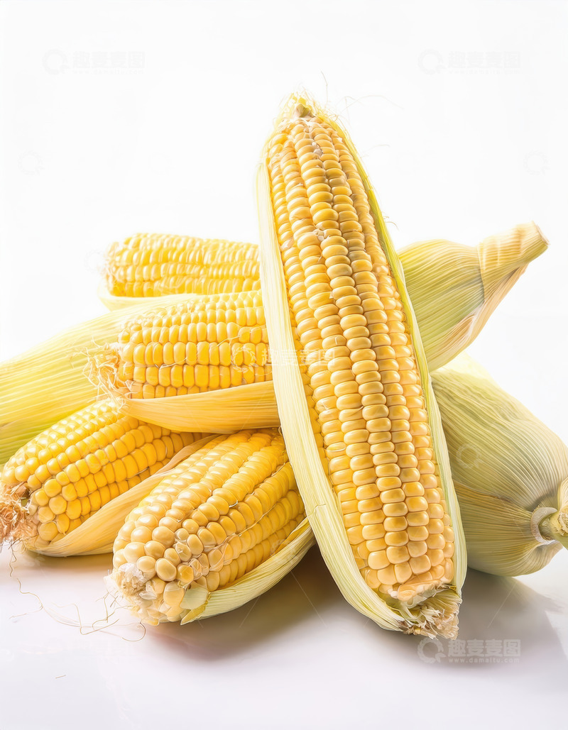 高清大图下载【趣麦麦图】白背景下堆叠的新鲜玉米棒