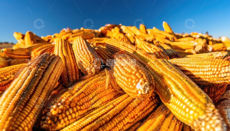 高清大图下载【趣麦麦图】蓝天下堆积的金黄成熟玉米