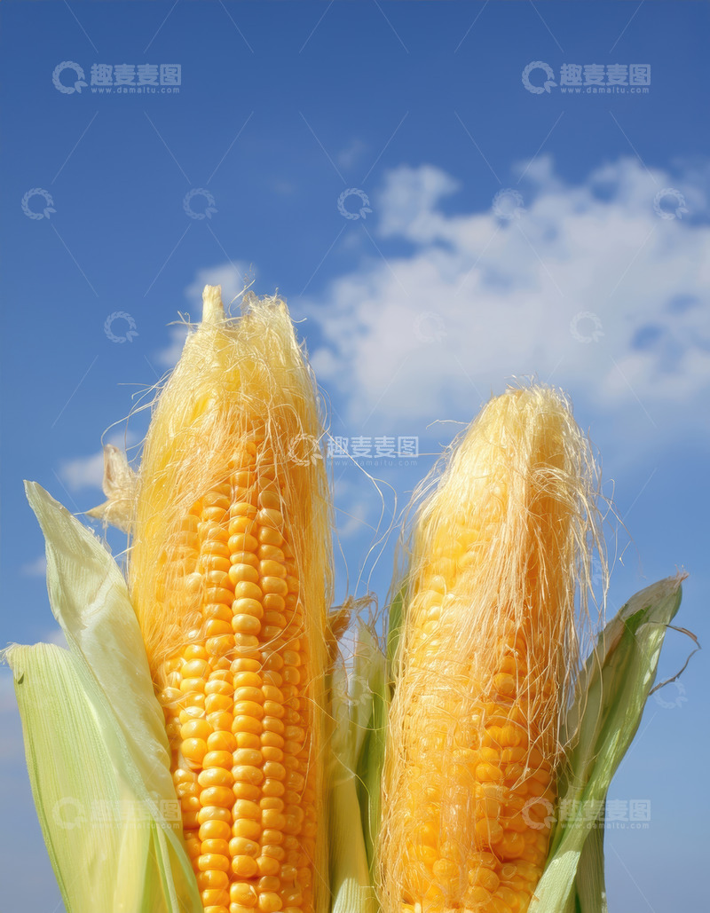 高清大图下载【趣麦麦图】蓝天背景下带须的成熟玉米