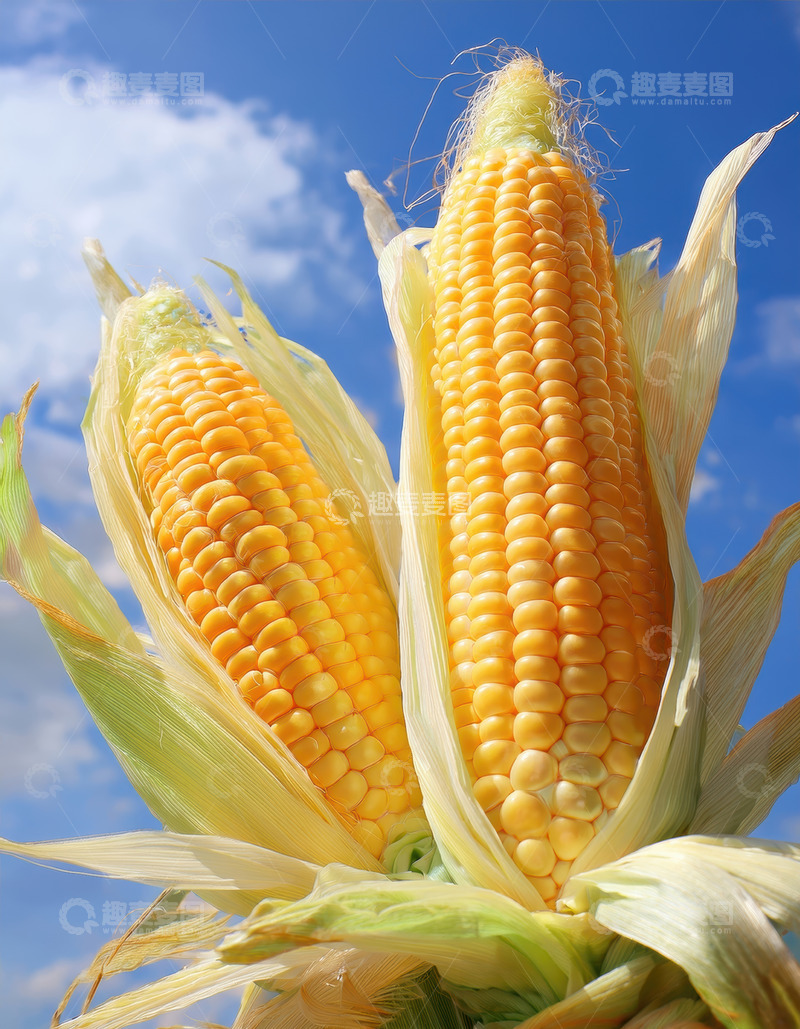 高清大图下载【趣麦麦图】蓝天下剥开外皮的成熟玉米