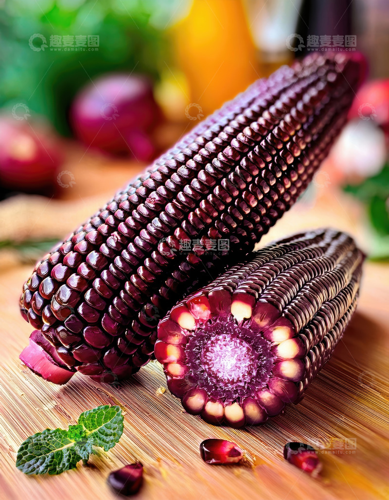 高清大图下载【趣麦麦图】木桌上的特色紫黑玉米切片