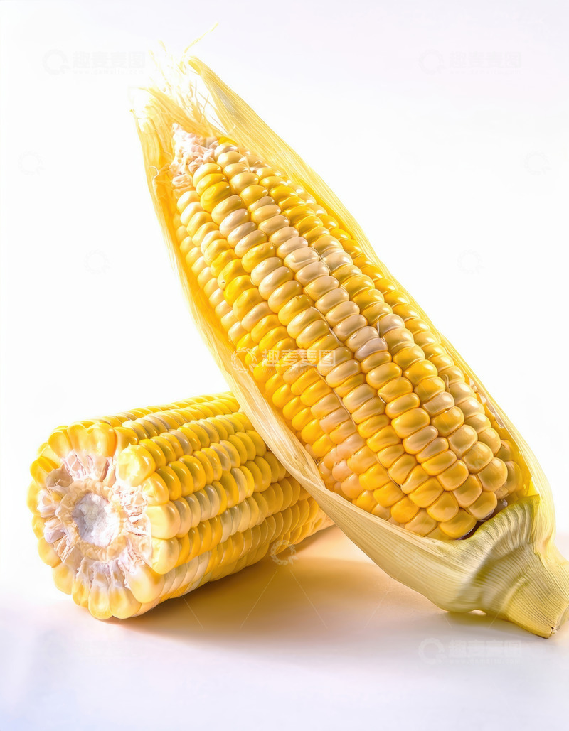 高清大图下载【趣麦麦图】白背景下剥开外皮的鲜玉米
