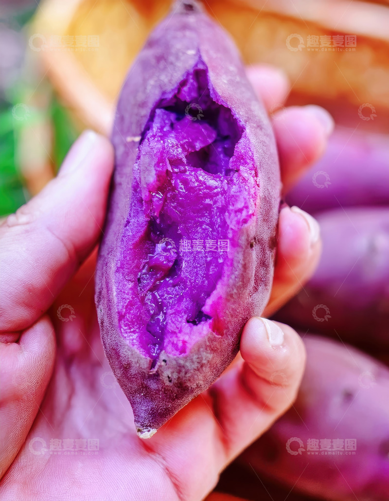 高清大图下载【趣麦麦图】手中掰开的紫薯展示内瓤
