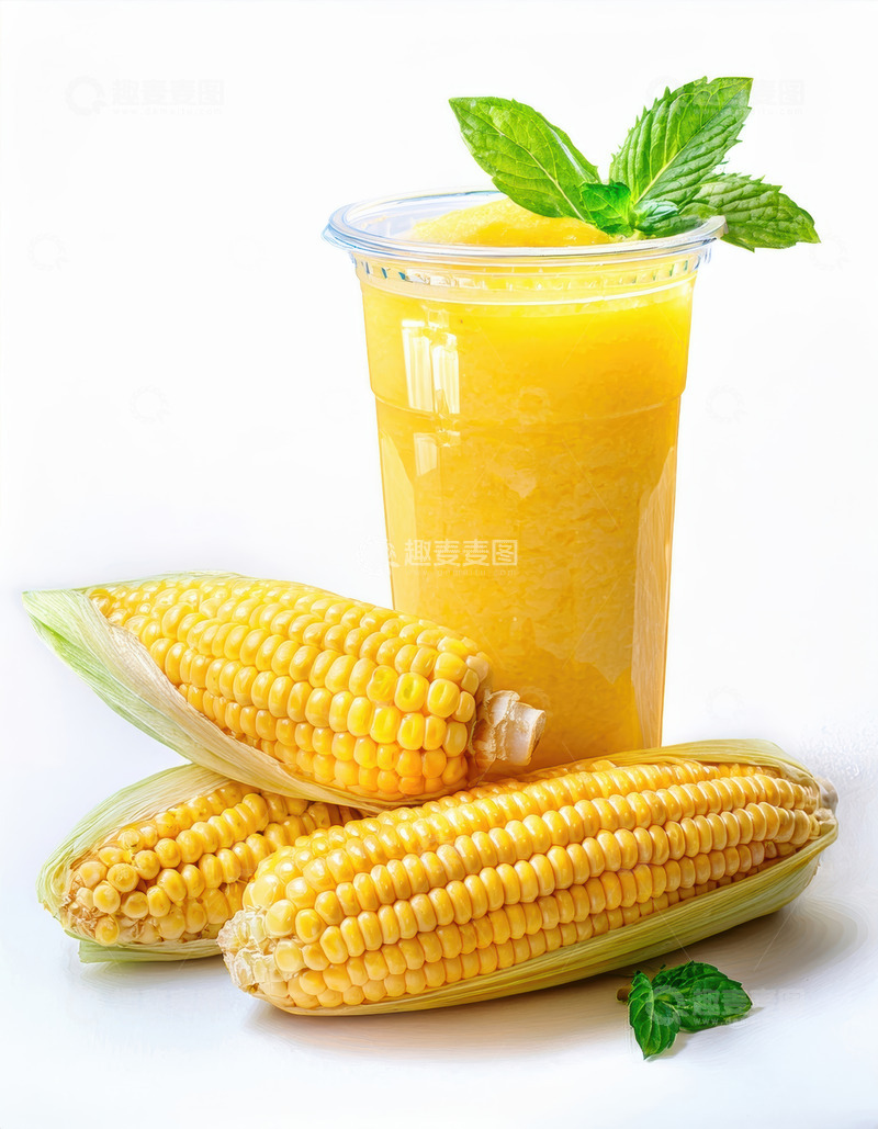 高清大图下载【趣麦麦图】玉米旁放着带薄荷叶的玉米汁