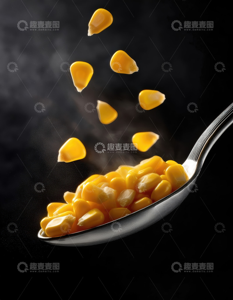 高清大图下载【趣麦麦图】黑背景下勺子上的金黄玉米粒