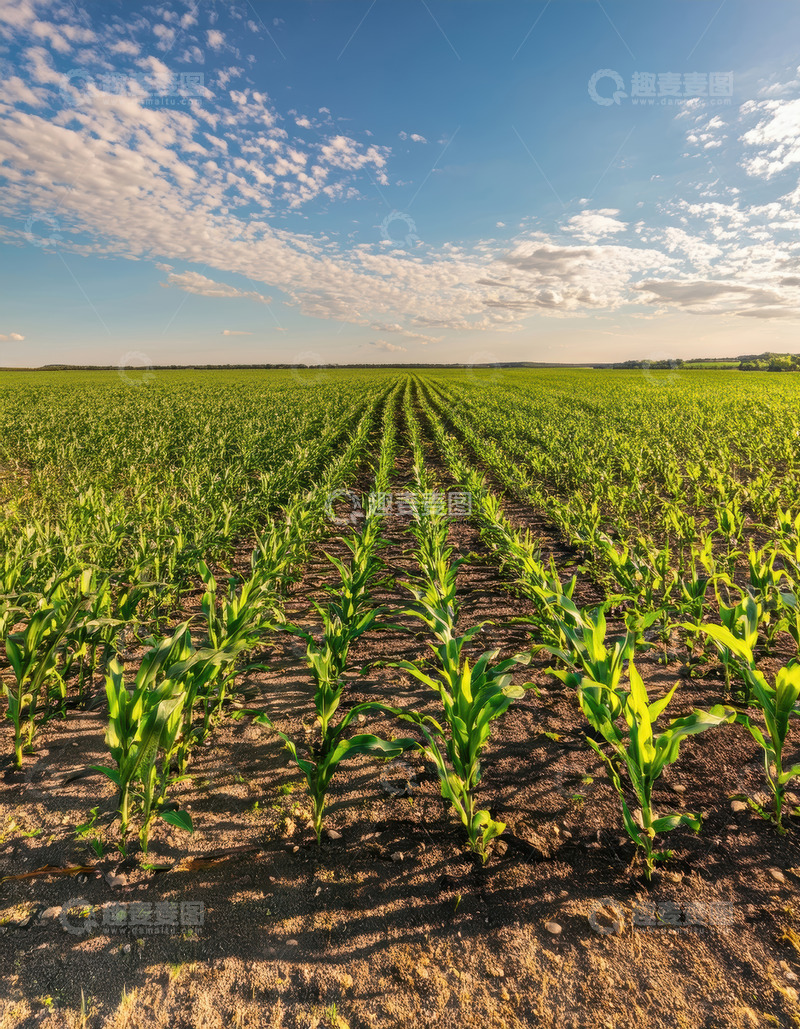 高清大图下载【趣麦麦图】蓝天白云下整齐的玉米农田