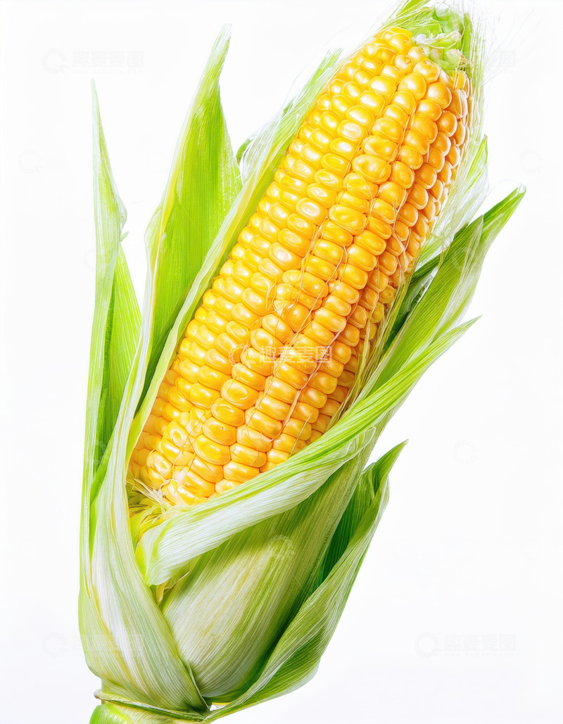 高清大图下载【趣麦麦图】白背景下的鲜绿带皮玉米棒