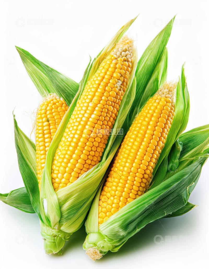 高清大图下载【趣麦麦图】白背景下带绿叶的新鲜玉米