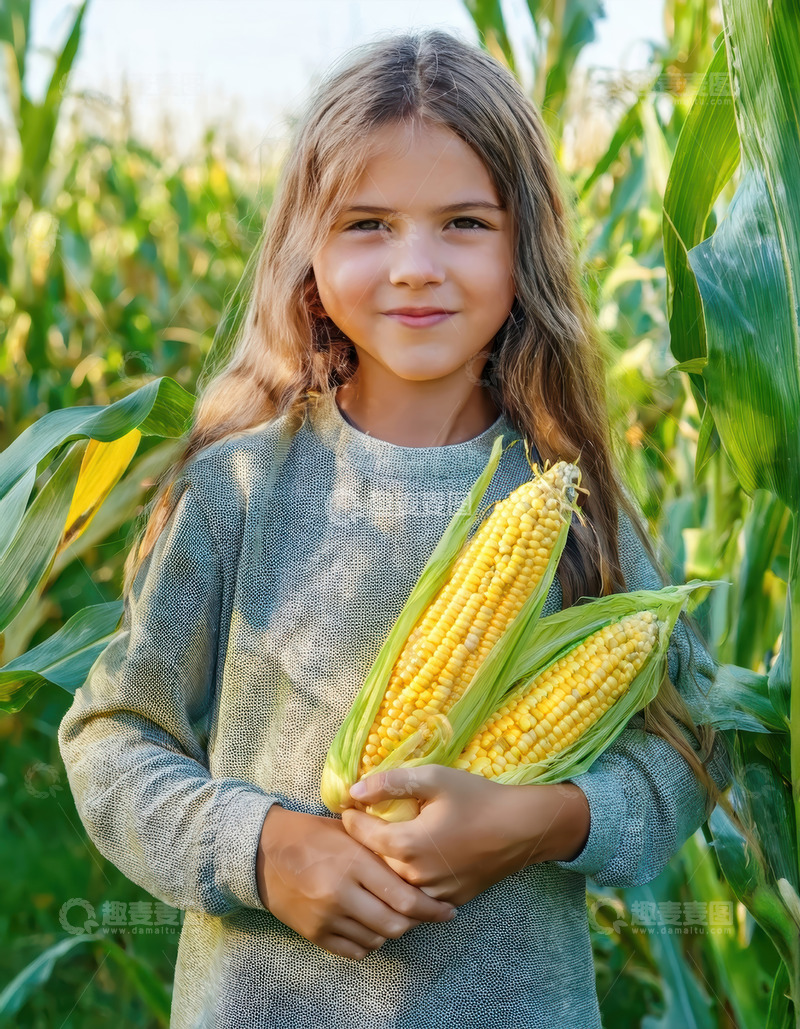 高清大图下载【趣麦麦图】女孩于玉米田中捧持新鲜玉米田园绿色谷物
