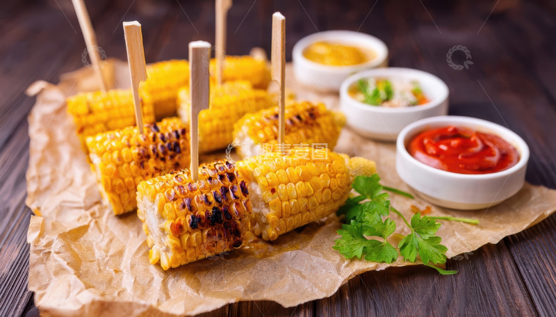 高清大图下载【趣麦麦图】木桌纸上的烤玉米与多样蘸酱