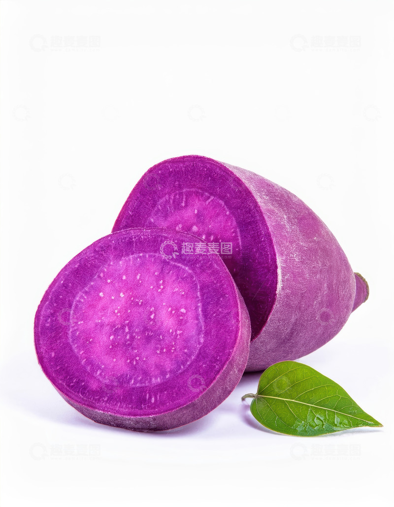 高清大图下载【趣麦麦图】白背景下紫薯切片与绿叶