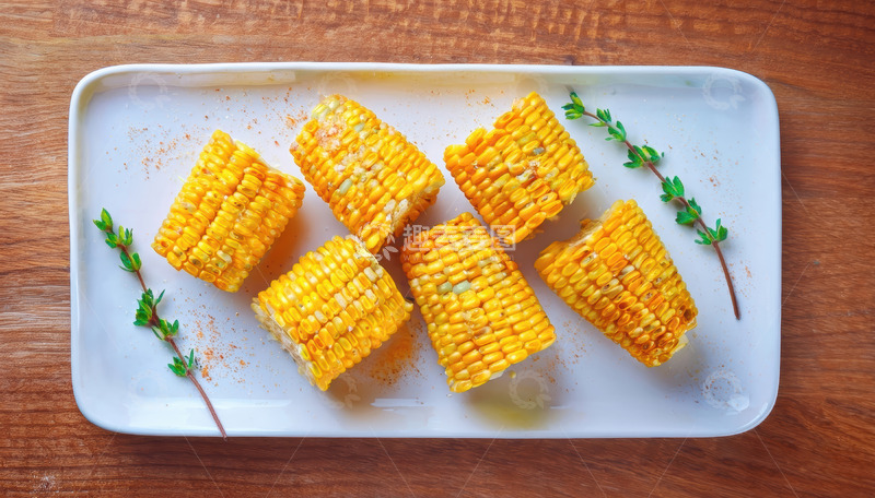 高清大图下载【趣麦麦图】白盘配香草的烤玉米段