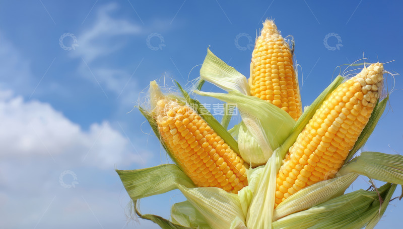 高清大图下载【趣麦麦图】蓝天映衬下的成熟玉米植株